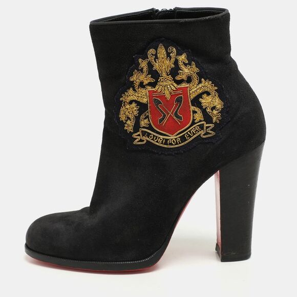 Christian Louboutin Black Suede Embroidered Patch Collegissima Mid Calf Boots,New Products : American Fashion Style Bags On Sale